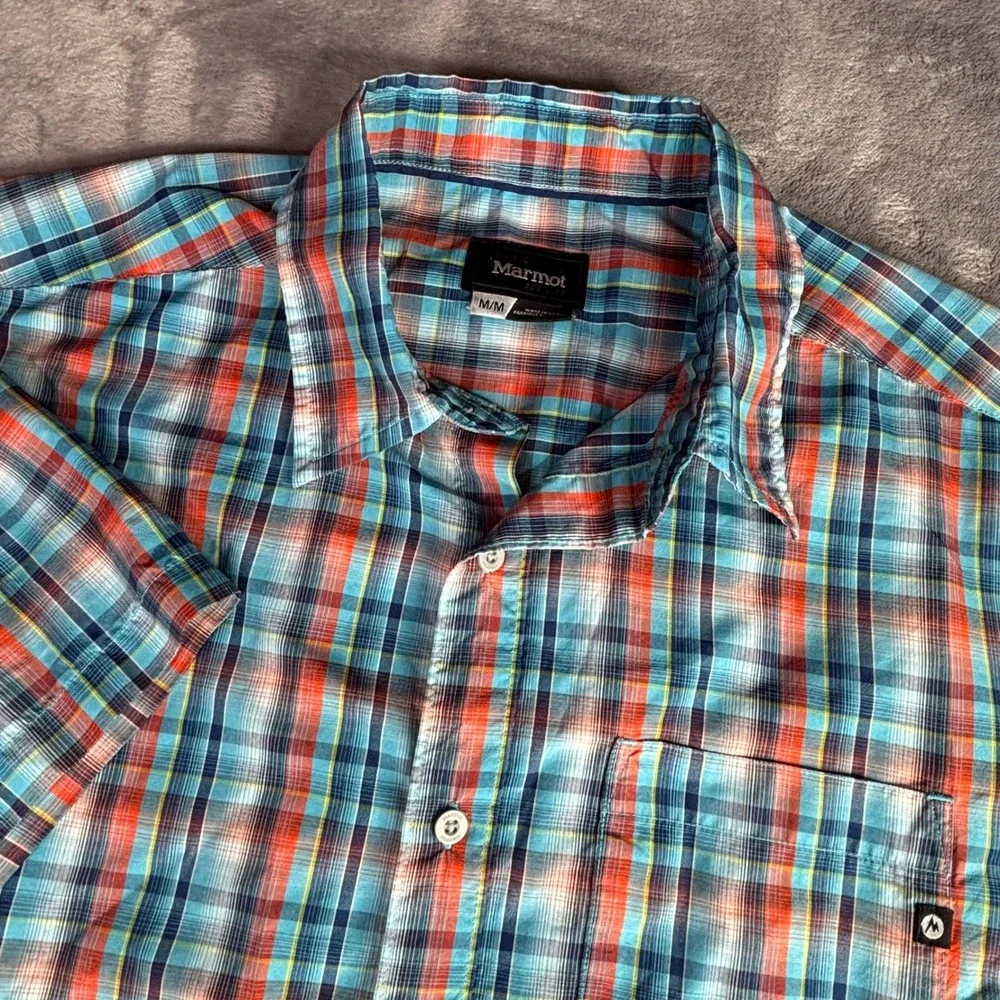 Marmot Button Up Shirt Men Medium Blue Orange Plaid Short Sleeve Hiking D61970